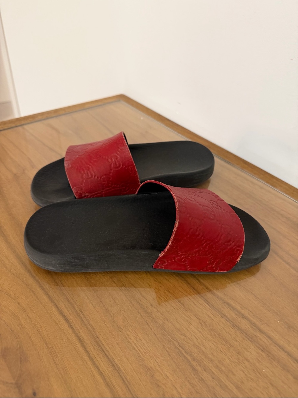 Gucci Red Embossed Leather Slide Sandals